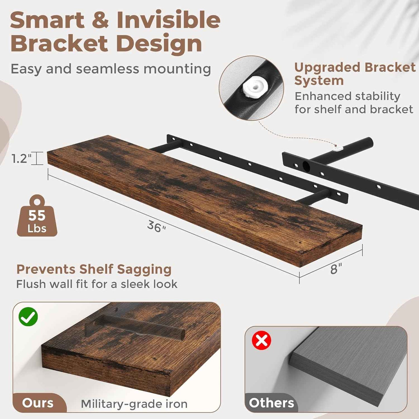 36 Inch Floating Shelves for Wall Set of 2, 8"D Wood Grain Bathroom Shelves with Invisible Brackets, Easy Install Engineered Wood Storage Shelves for Kitchen, Living Room, Bedroom, Rustic Brown Finish