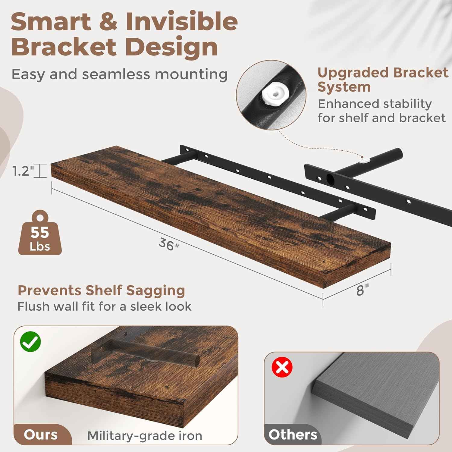 36 Inch Floating Shelves for Wall Set of 2, 8"D Wood Grain Bathroom Shelves with Invisible Brackets, Easy Install Engineered Wood Storage Shelves for Kitchen, Living Room, Bedroom, Rustic Brown Finish