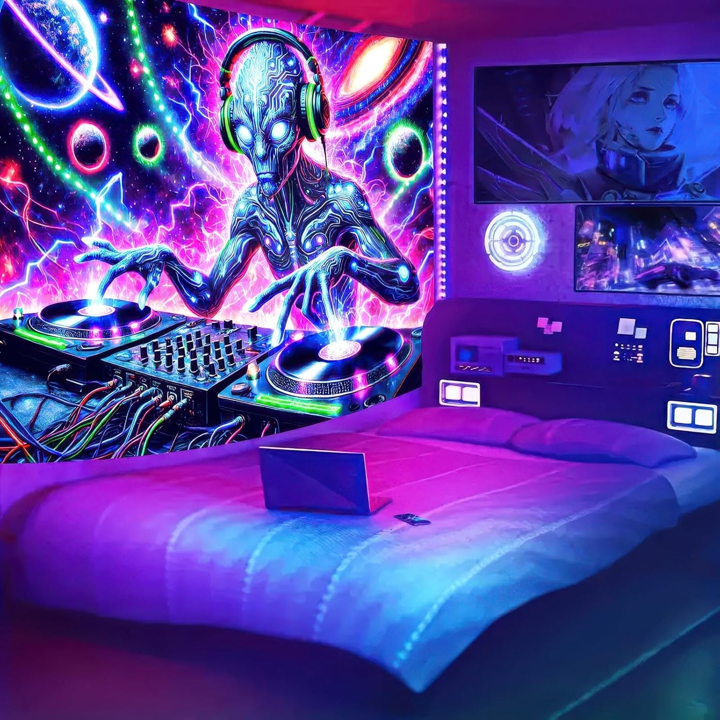 BlissYard Blacklight Cool Alien Tapestry UV Reactive Tapestry 78x59 Inch Black Light Galaxy Planet Tapestry Glowing Tapestry Large Neon Tapestry Wall Hanging for Home Living Room Bedroom Decor