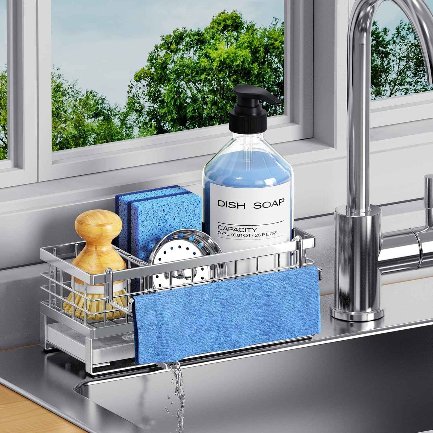 Kitchen Sink Sponge Holder - Self-Draining, Detachable Dish Cloth Holder, Rustproof Kitchen Countertop Organizer (Stainless Steel)