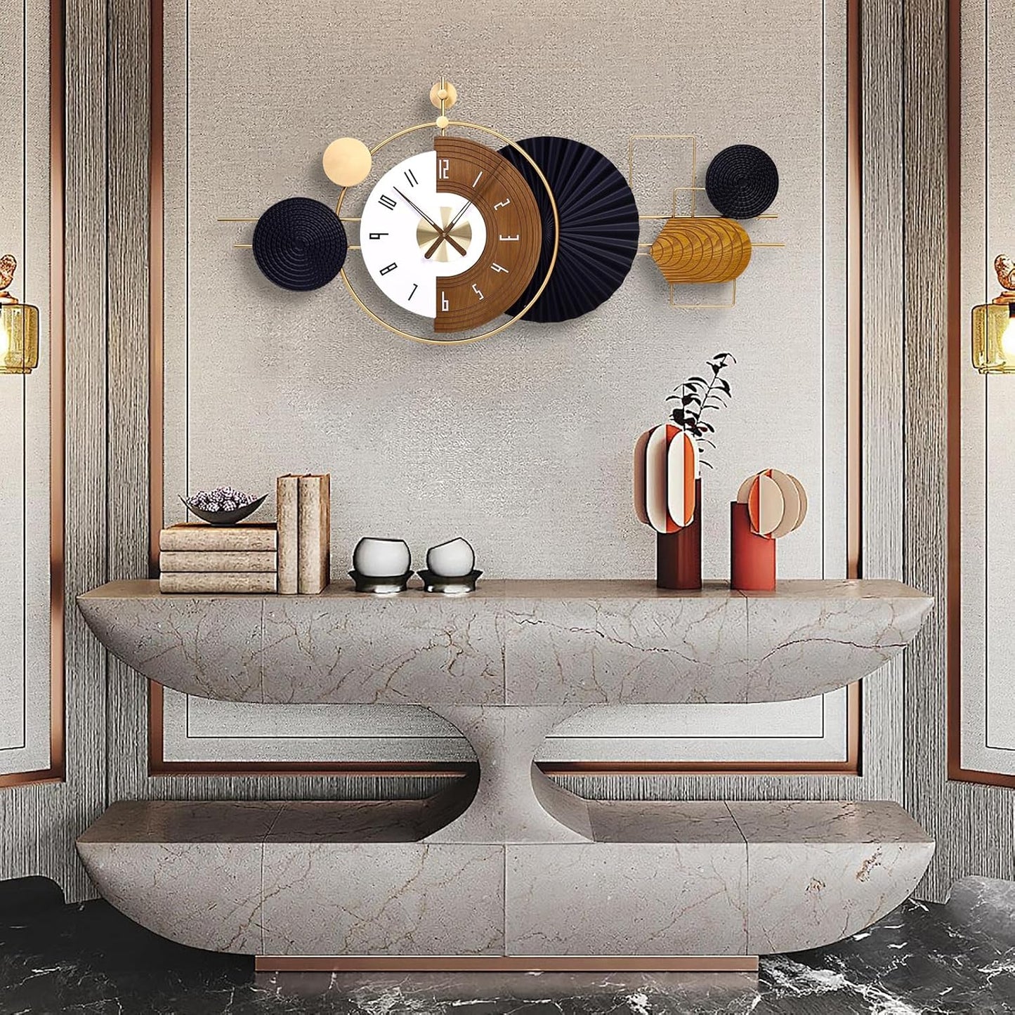 38.9X18inch Extra Large Wall Clock Battery Operated Decorative Modern Clocks for Living Room,Luxury Geometric Wall Clock Artistic Iron Wood Clocks for Suitable for Bed Room, Kitchen, Office