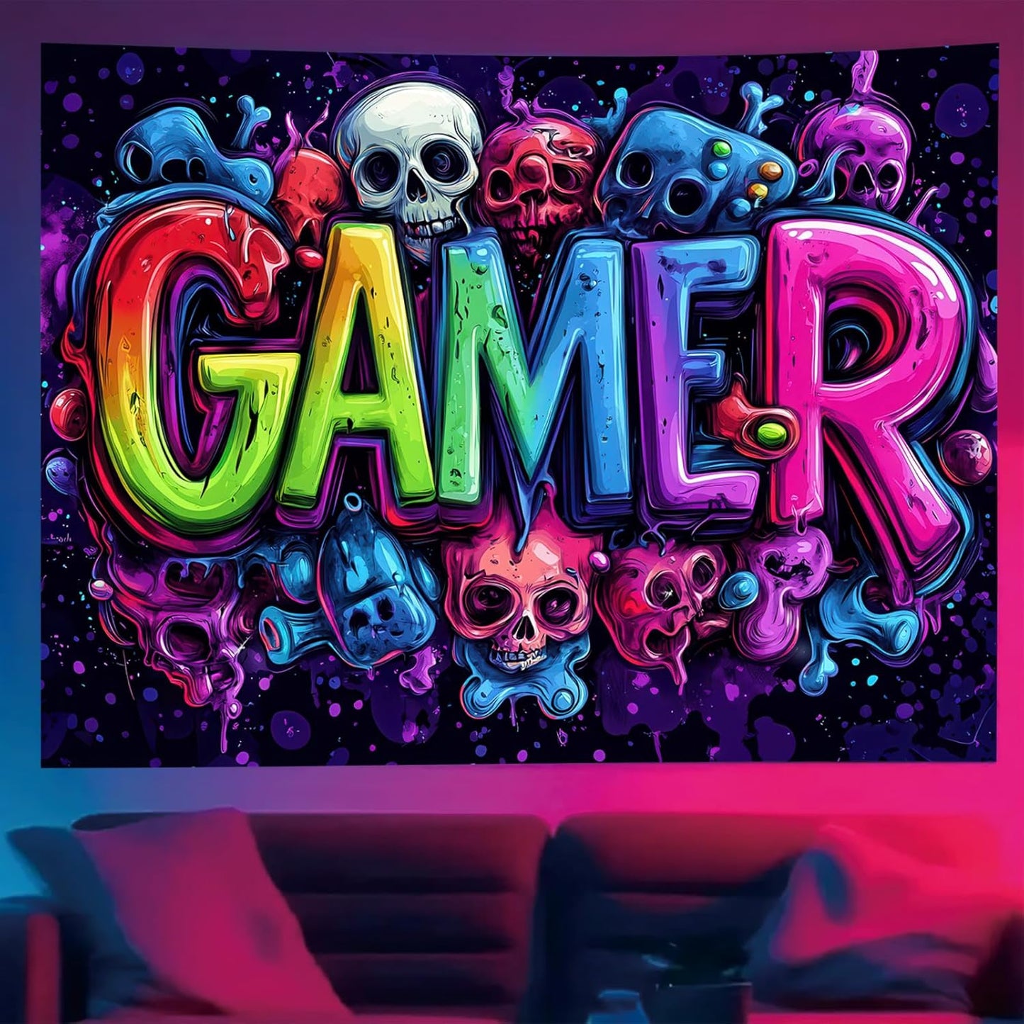 Starlit Patio Blacklight Skull Tapestry Gothic Skeleton UV Reactive Gamer Tapestry Horror Glow in The Dark Wizard Magic Forest Wall Hanging for Home Decor 78 x 59 Inches