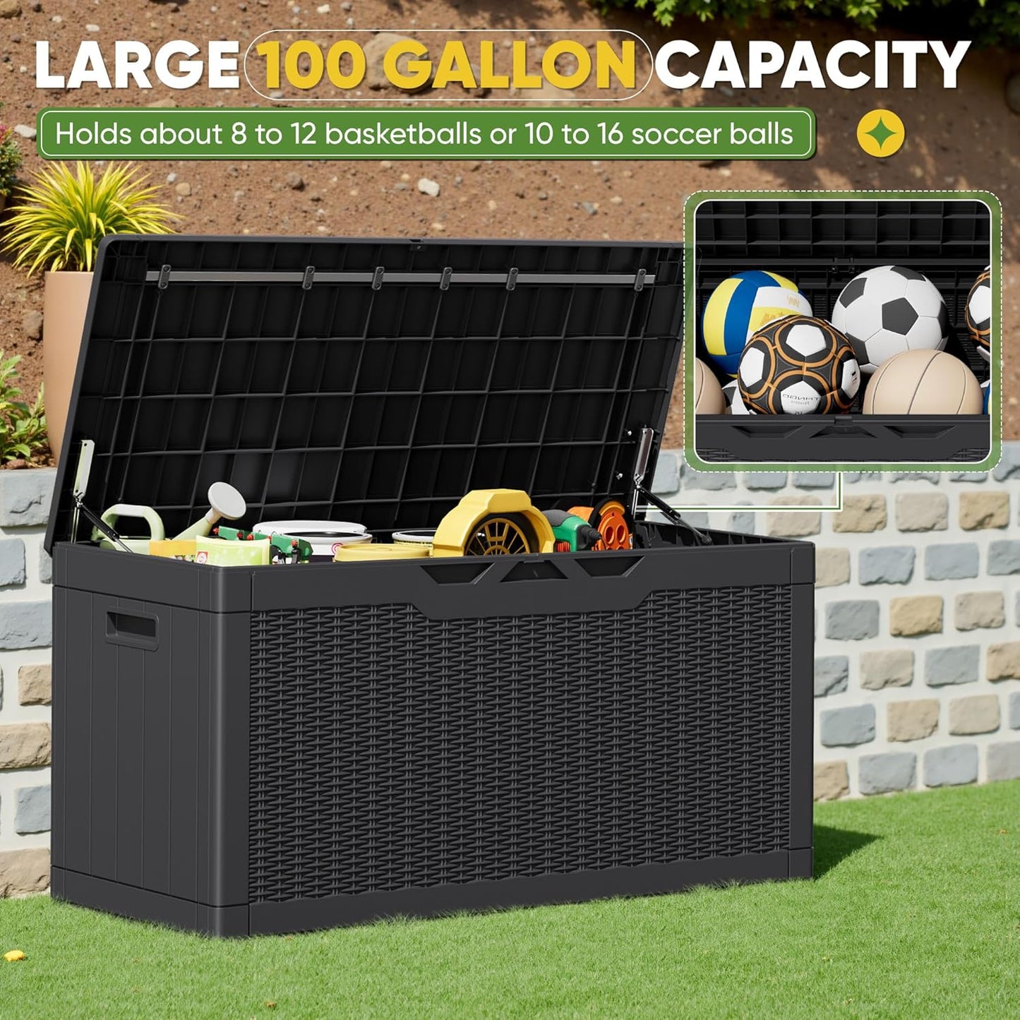 Greesum 100 Gallon Resin Deck Box Lockable Large Outdoor Storage Boxes for Garden Tools, Patio Furniture Cushions, Pool Supplies, Black