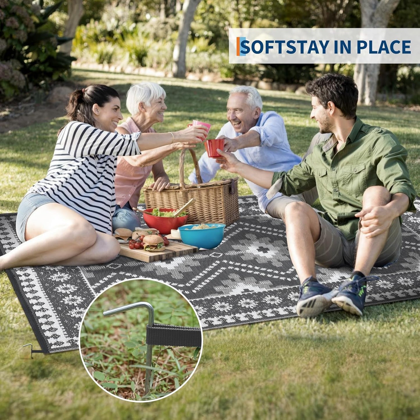 8x10 Gray Outdoor Rug, Waterproof Plastic Straw Reversible Ethnic Geometric Patio Mat, Symmetrical Tribal Pattern Washable RV Camping Carpet, Foldable Portable Deck Rug for Picnic Backyard