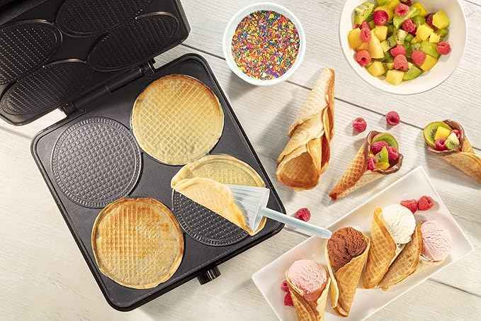 Mini Waffle Ice Cream Cone Maker - Bake 4 Homemade Mini Cones at Once, Includes Shaper Roller - Make Fun Bite Sized Entertaining Desserts for Holiday Parties, Special Occasions and Gift Giving Treats