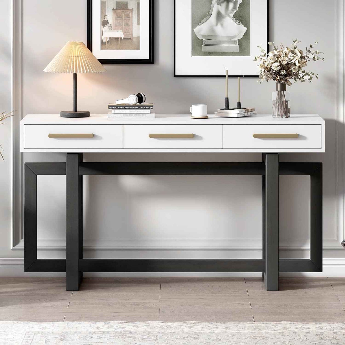 Contemporary Entryway Console Table 57-Inch Extra Long Minimalist Entry Sofa Table with Storage Drawers for Living Room Hallway, Gray & White