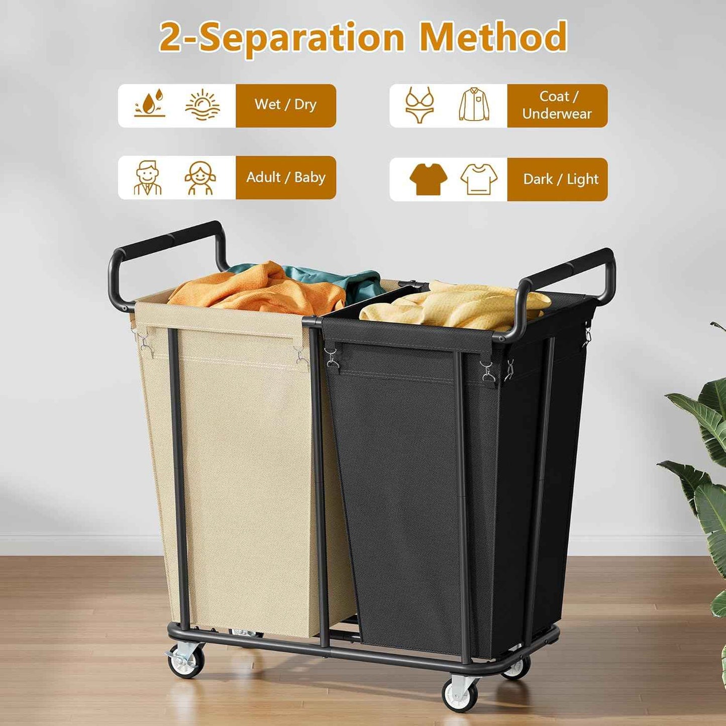 Gewudraw Large Laundry Hamper with Wheels, 2 Bag 360L Big Rolling Laundry Basket Sorter Cart, Extra Large Clothes Hamper, Heavy Duty Laundry Basket Organizer for Laundry Room, Bathroom
