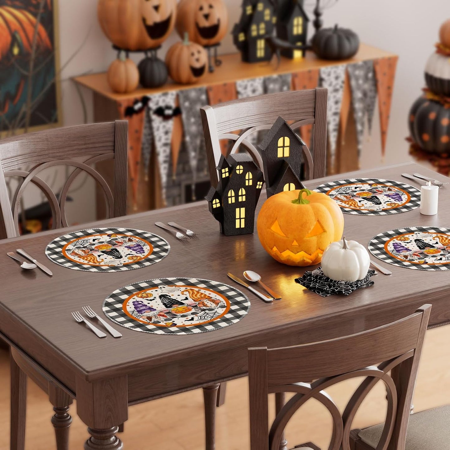 XCHI Spooky Boo Plaid Gnome Halloween Round Placemats Set of 4 Table Mats for Party Home Kitchen Dining Table Decorations 14x14 Inch