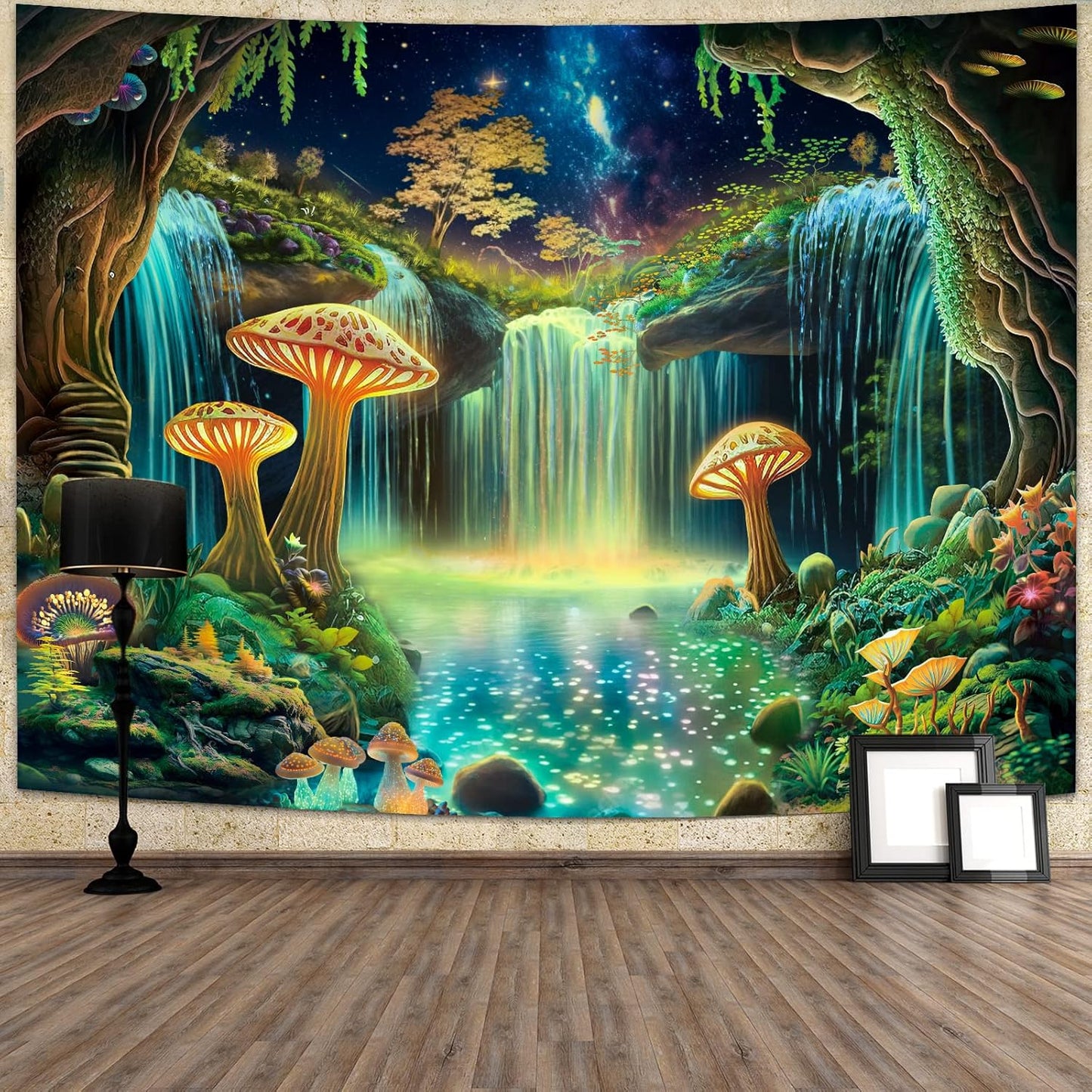 Ameyahud Blacklight Fantasy Forest Tapestry UV Reactive Waterfall Tapestries Starry Sky Tapestry Neon Nature Plant Wall Hanging Decor for Home