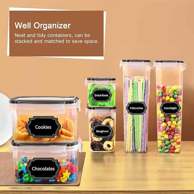 PRAKI Airtight Food Storage Containers Set, 16 Pcs BPA Free Plastic Dry Food Canisters for Kitchen Pantry Organization and Storage Ideal for Cereal, Flour & Sugar - Labels, Marker(Black)