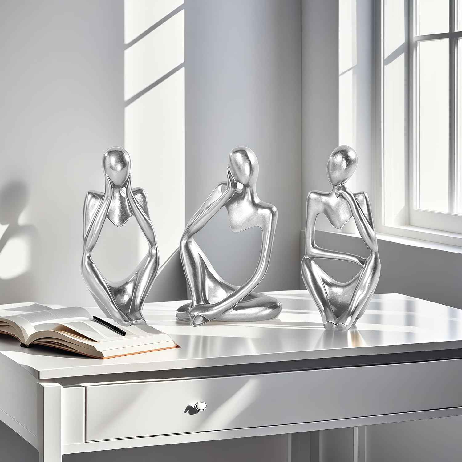 XINXUAN Thinker Statue Home Decor-Bookshelf & Living Room&Mantel-Collectible Figurines - 3 PCS Set (Silver)