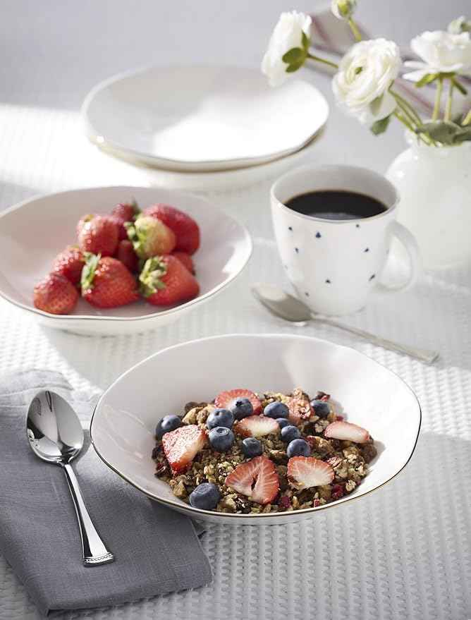Lenox Dinnerware Set, Blue Bay White Pasta Bowls, Set of 4, Service For 4, Dishwasher and Microwave Safe, Made of Porcelain, 24 Ounce Capacity, Salad Bowl, Pasta Bowl, Gold Branding (White, 4 Pieces)