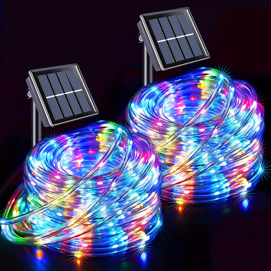 JMEXSUSS 2 Pack 100 LED Solar Rope Lights, IP 65 Solar Rope Lights Outdoor Waterproof, 33ft 8 Modes PVC Tube Trampoline Light for Fence Walkway Path (Multicolor)