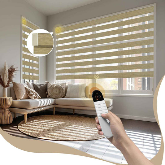 Boolegon Motorized Zebra Blinds with Remote, 95% Blackout Zebra Roller Window Shades, Wireless Electric Zebra Blinds, Built in Rechargeable Motor Window Blinds. for Home, Light Brown, Custom Sizes