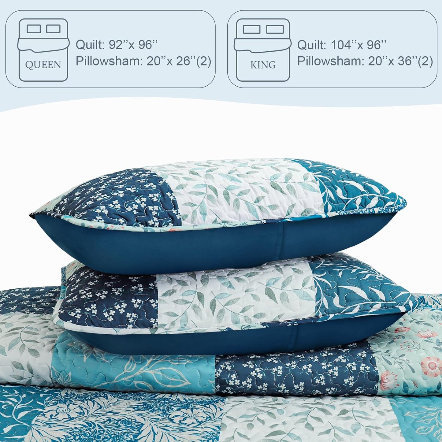 Exclusivo Mezcla Reversible Boho Quilt Set King Size, 3 Pieces Patchwork Navy Blue All Season Bedspreads, Ultra Soft Floral Coverlet Bedding Set with Printed Pattern (1 Quilt, 2 Pillow Shams)