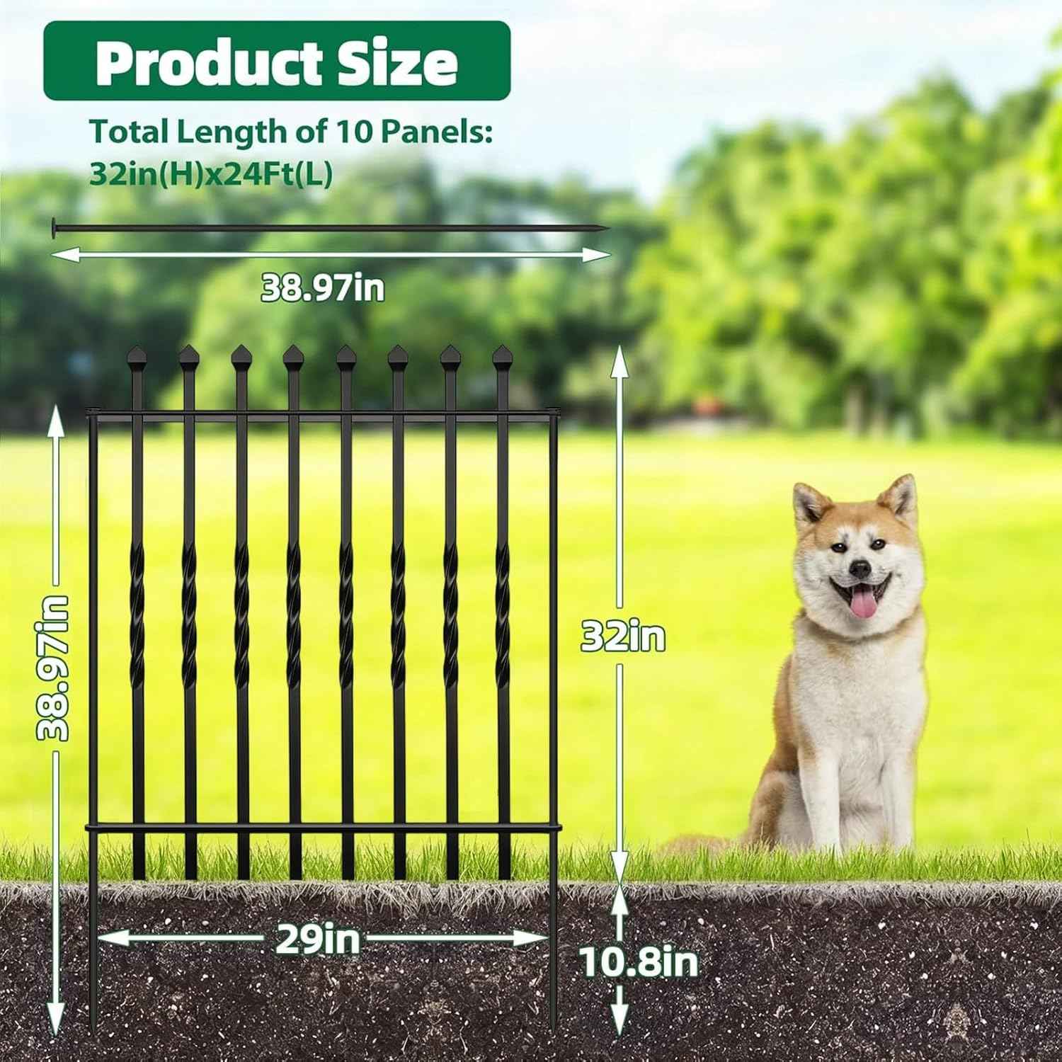 GILPWA 10 Panels Decorative Garden Fence, 32in(H)×24Ft(L) Heavy Duty Twist Outdoor Dog Fence Rustproof Metal Square Tube No Dig Animal Barrier Border Fencing for Temporary Yard Patio Landscape