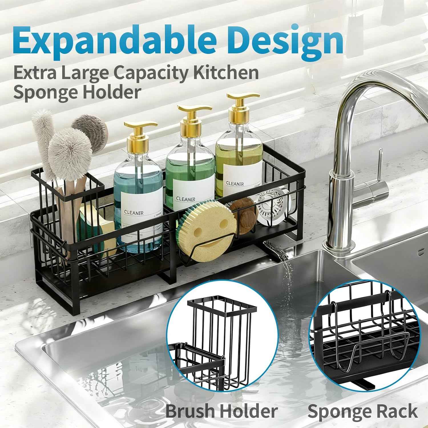 Aurblozen Extra Large Extendable Sponge Holder for Kitchen Sink, Rustproof Sink Caddy Organizer with High Brush Holder, Dish Soap Dispenser Organizers and Storage (Black)