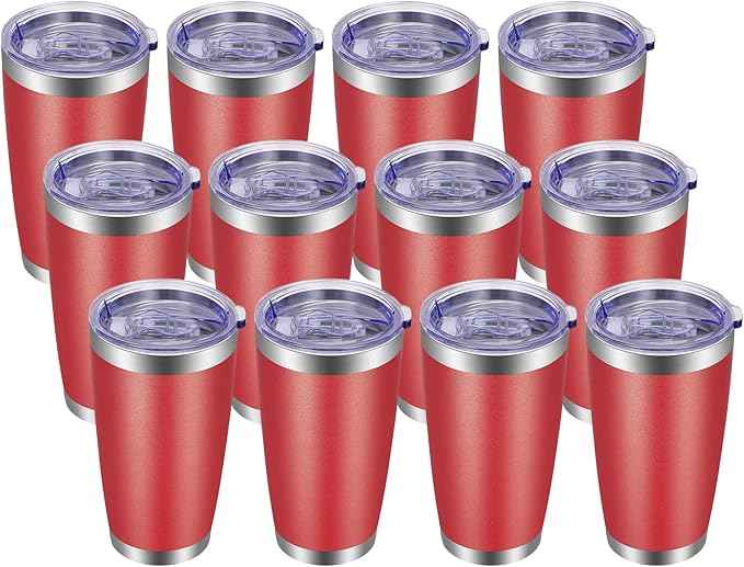 VEGOND 20oz Tumbler with Lid and Straw Stainless Steel Tumbler Cup Bulk Vacuum Insulated Double Wall Travel Coffee Mug Powder Coated Coffee Cup, Red, 12 Pack