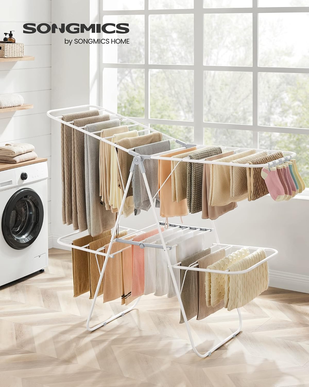 SONGMICS Clothes Drying Rack, Foldable 2-Level Laundry Drying Rack, Free-Standing Laundry Airer, with Height-Adjustable Wings, 33 Drying Rails, Sock Clips, White and Gray ULLR053G01V1