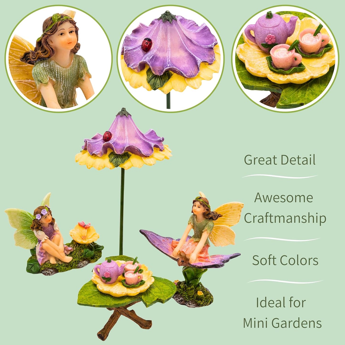 PRETMANNS Fairy Garden Accessories - Adorable Fairies for Gardens, Cute Miniatures with Furniture Kit