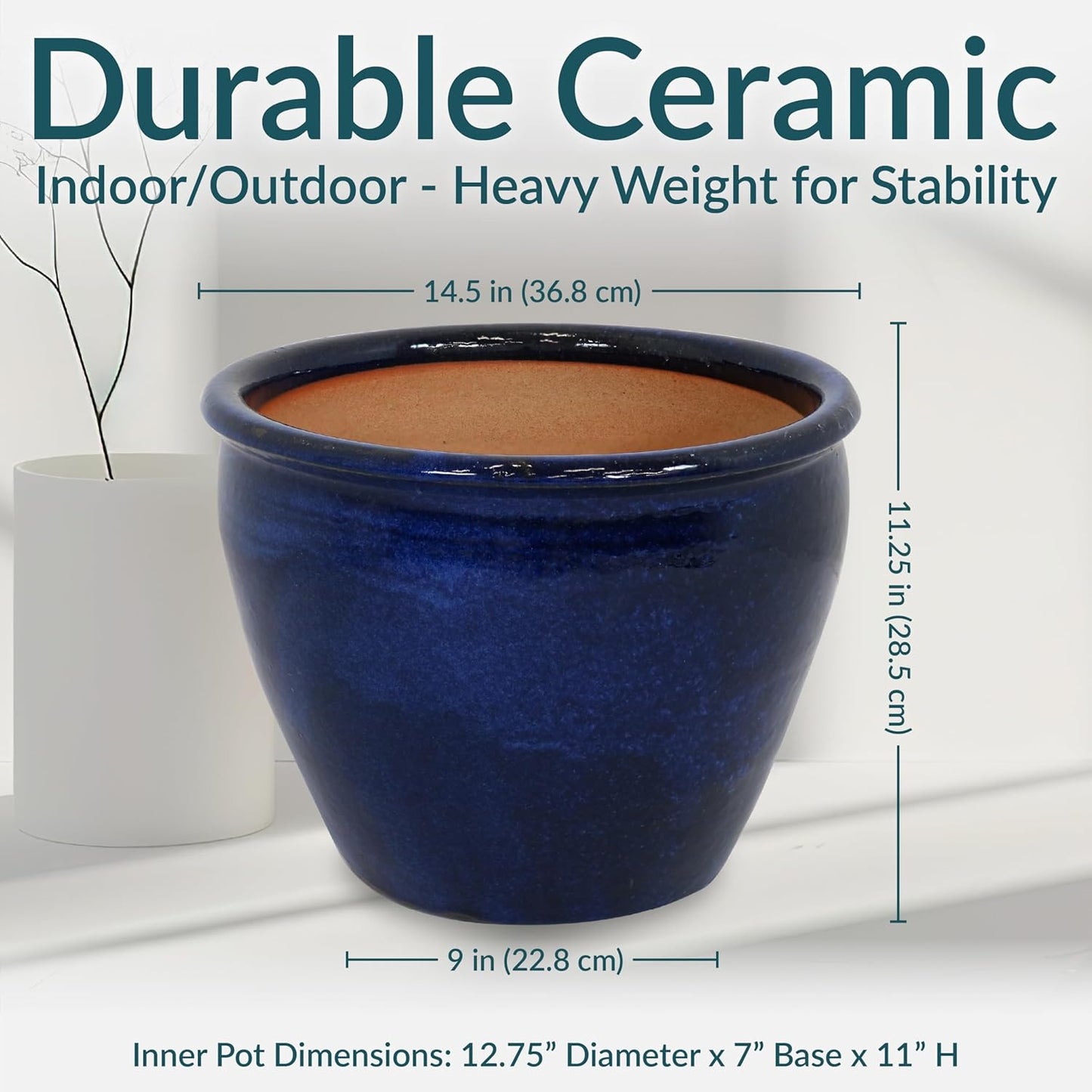 Sunnydaze Chalet Large Ceramic Plant Pot - Round Outdoor Glazed Ceramic Planter Pot with Drainage - Imperial Blue - 14.5"