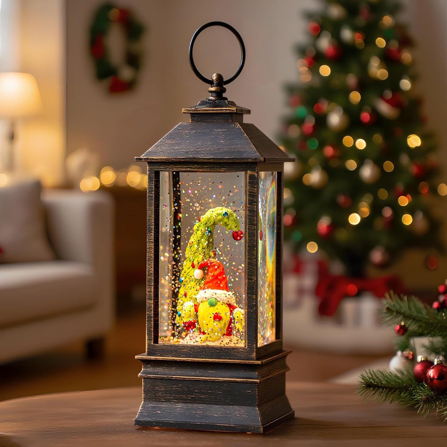 Christmas Snow Globe Lantern Water Glittering Xmas Gnome with Music, USB Lined/Battery Operated Lighted Lantern for Christmas Festival Decoration Gifts
