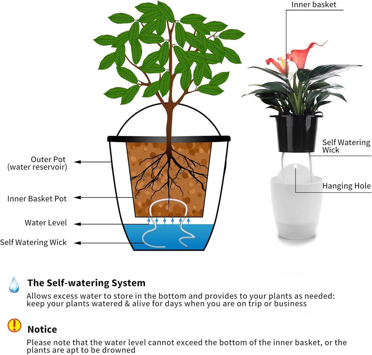ORIMERC 6 Pack White Self Watering Wall Hanging Planter Pots Vertical Garden Window Mount Indoor Outdoor Plant Flower Basket Kitchen Herbs Balcony Railing Shelf Fence Bedroom Trellis Decor(Medium)