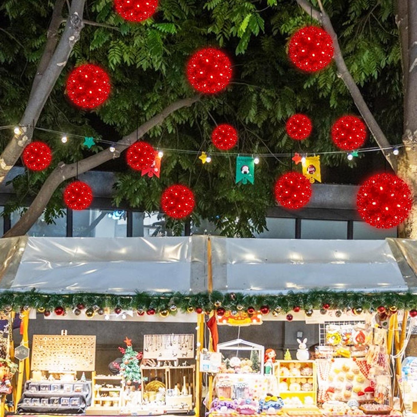 Christmas Lighted Ball 5.5" Outdoor Hanging Sphere Lights Orb 50 LED Red Starlight Sphere for Tree, Porch, Gazebo, Bedroom Decorations