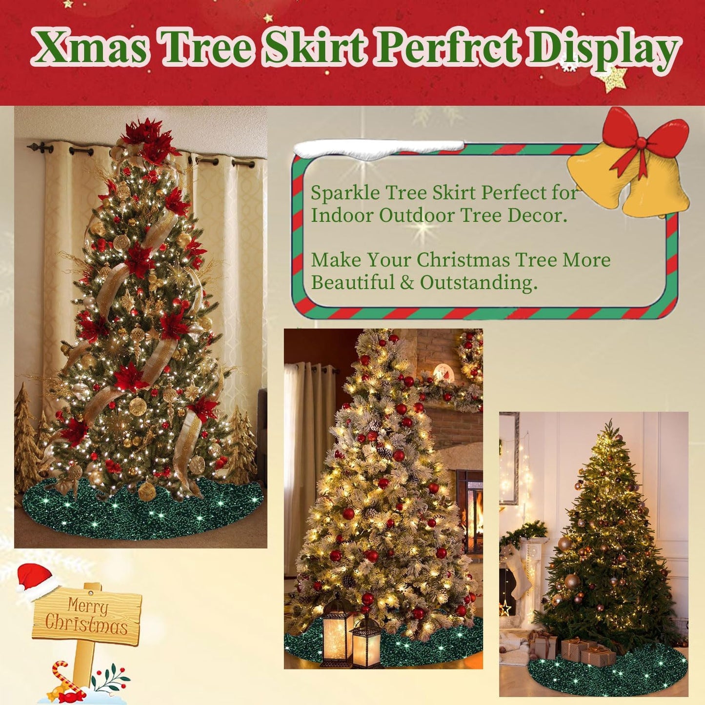 MODFUNS Sequin Christmas Tree Skirt 21 Inches Green and Black Rustic Velvet Tree Skirt for Table Top Trees Artificial Metallic Tree Mats Mini Xmas Tree Skirts Cover for Christmas Festive Decorations
