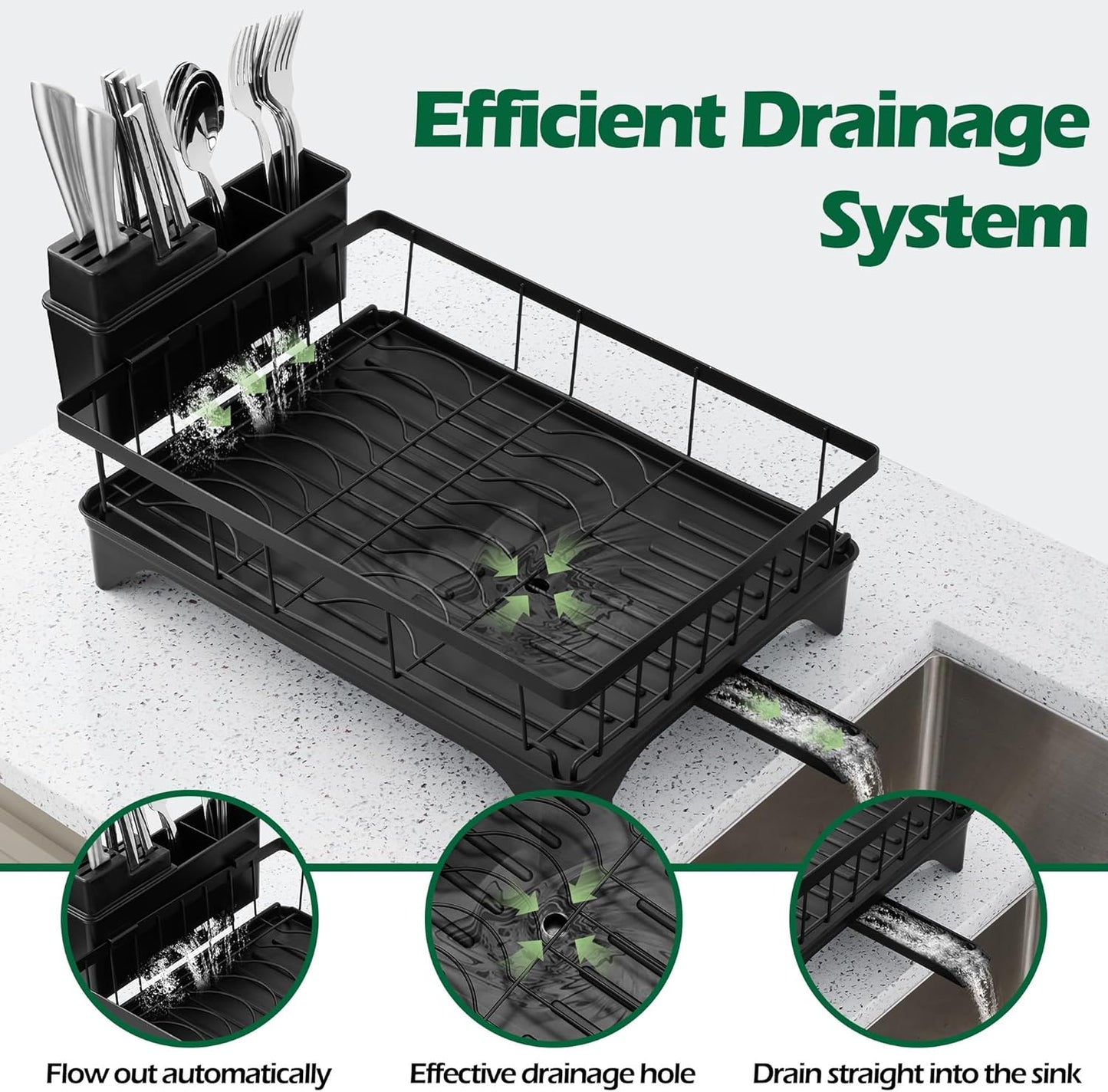 E-far Dish Drying Rack for Kitchen Counter, 2 Tier Small Dish Drainer Drying Rack, 16.7" x 11.8" x 13.9" Metal Organizer with Drainboard and Utensil Holder, Large Capacity & Space Saving, Black
