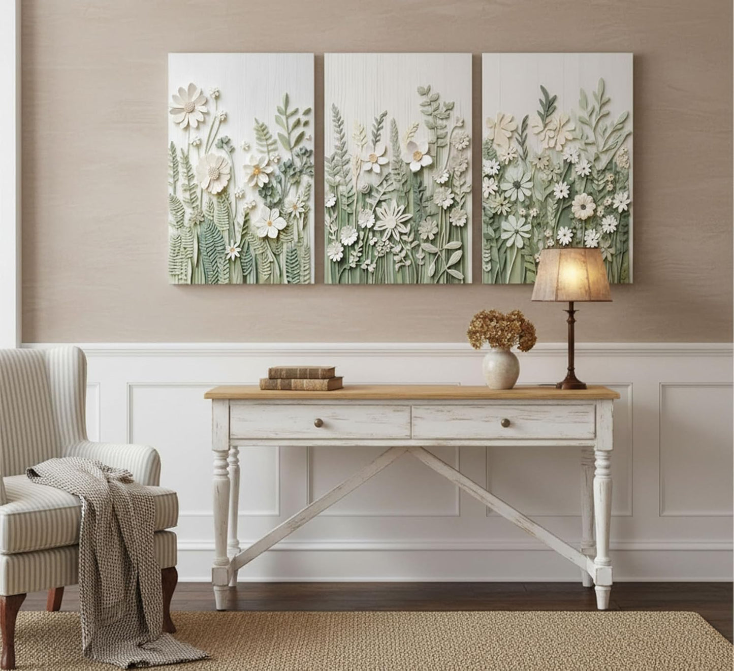 3 Pcs Sage Green Wildflowers Canvas Wall Art Neutral Minimalist Abstract Boho Floral Botanical Painting Pictures Wall Decor Poster Print Artwork for Living Room Bedroom Home Decoration