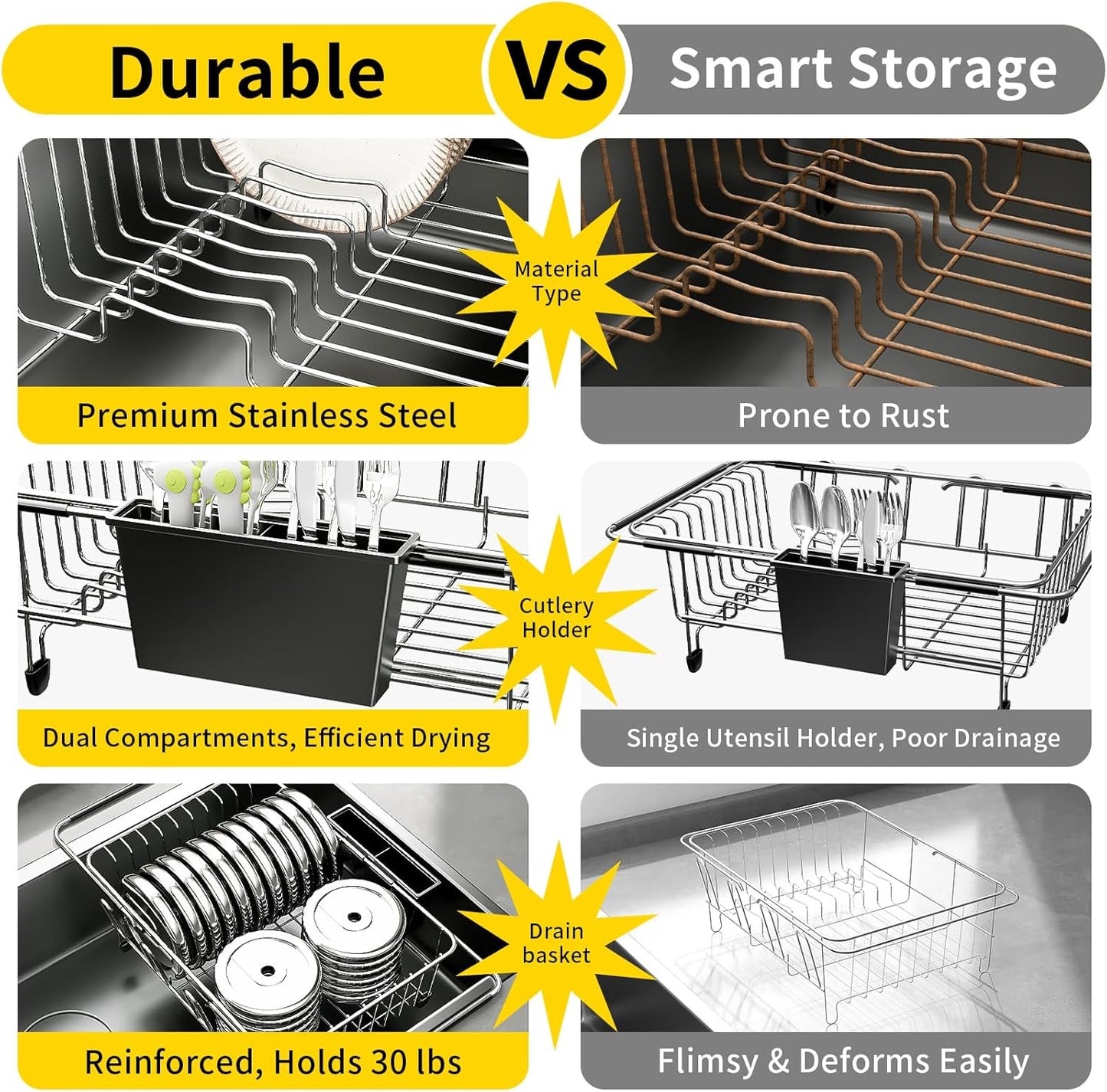 PureBox Expandable Over The Sink Dish Drying Rack - Adjustable Stainless Steel Dish Rack for Kitchen Counter or In-Sink, Heavy-Duty Rust-Proof Space Saving Drainer with Utensil Holder (15.5" to 23.2")