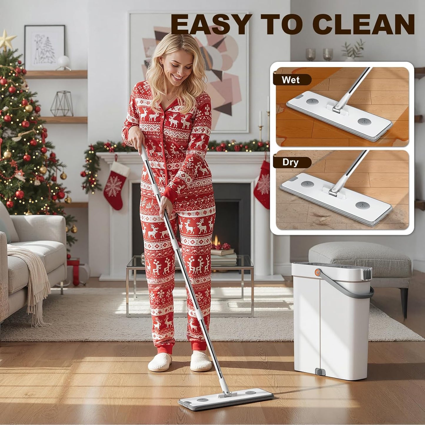 15.7" Flat Mop and Bucket Set with Wringer System | Wet Dry Floor Mop, 6 Reusable Microfiber Pads for Home, Tiny Home, Safe for Hardwood, Tile, Wall & Window Cleaning