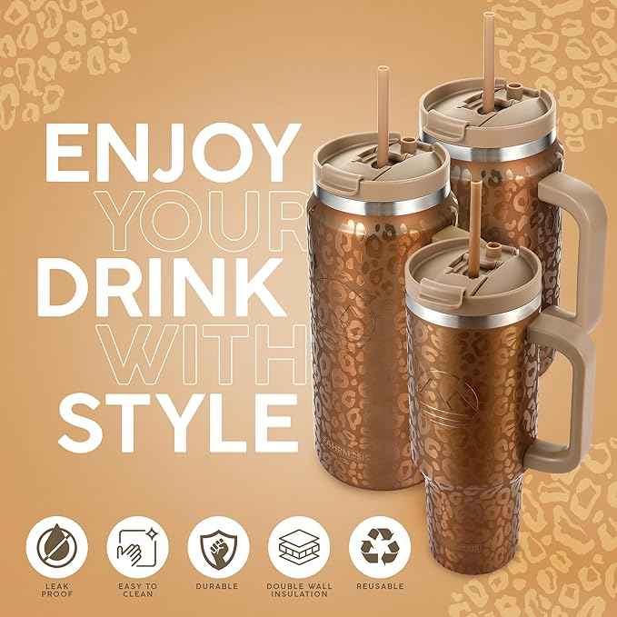 FAHRMOSIS 40 Oz Tumbler with Handle and Straw Insulated Cup that Fits in Cup Holder for Hot & Cold Drinks Leak Proof Tumbler with Straw Stainless Steel Travel Mug for Men & Women - Gold Leopard