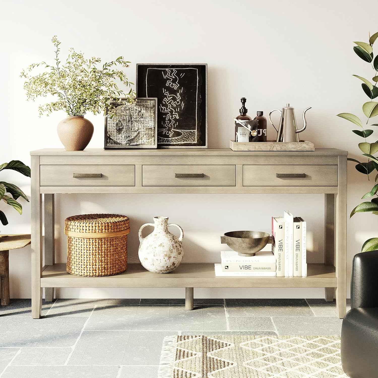 Modern Wood Console Table 59'' Extra Long Entryway Sofa Table with Drawers & Open Storage Shelf for Living Room Entrance Hallway (Gray)