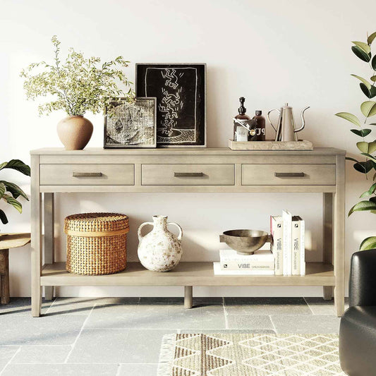 Modern Wood Console Table 59'' Extra Long Entryway Sofa Table with Drawers & Open Storage Shelf for Living Room Entrance Hallway (Gray)