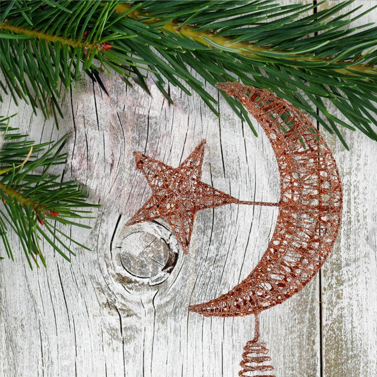 BinaryABC Moon and Star Christmas Tree Topper,Glittering Christmas Tree Decoration Ornaments,Xmas Tree Decorations Holiday Seasonal Home Décor (Rose Gold)