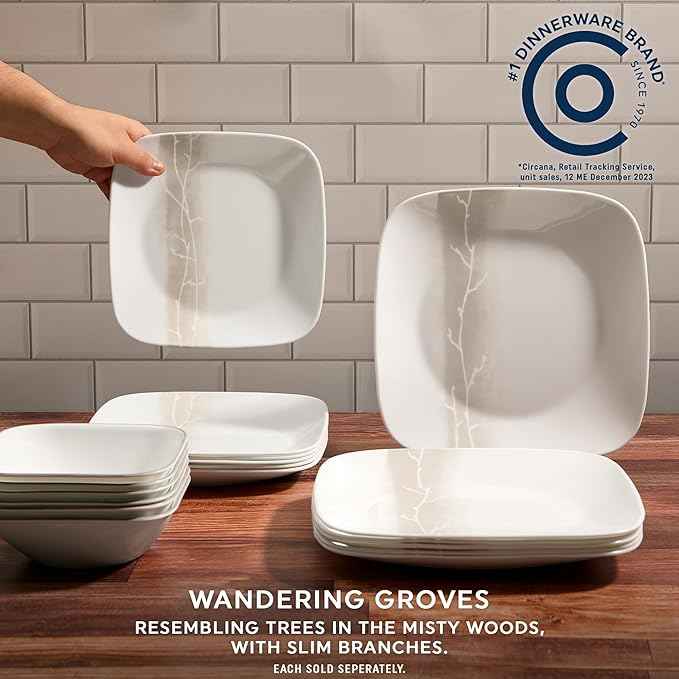Corelle Vitrelle 18 Piece Glass Dinnerware Sets Rectangular Square Plate and Bowl Set Service for 6, Triple Layer Chip & Crack Resistant Glass Plate and Bowl Sets, Wandering Grove