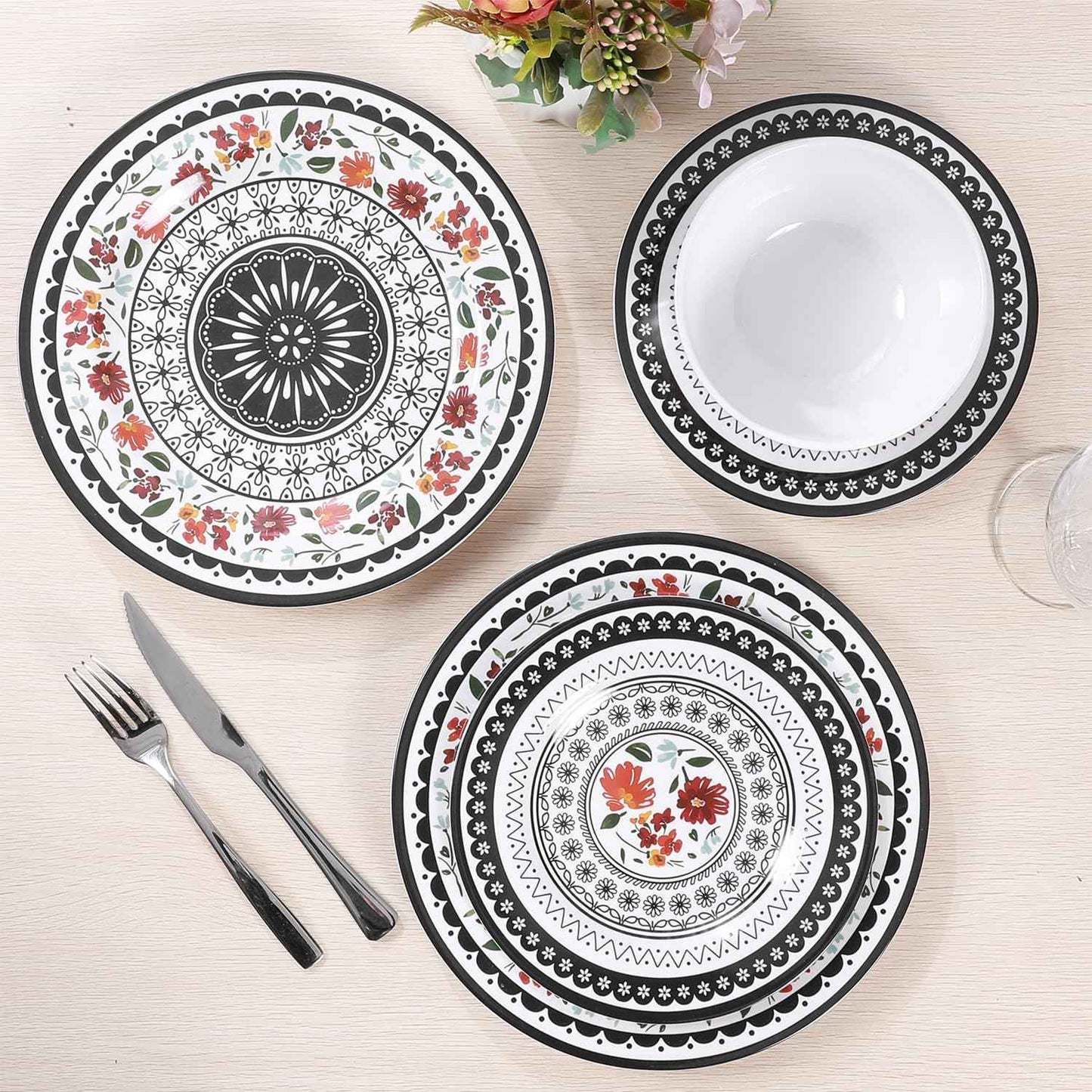 12-Piece Melamine Dinnerware Sets, Unbreakable Dinner Dishes Set for Indoor and Outdoor Use, Dishwasher Safe, Lightweight Dinner Service for 4, Black and White