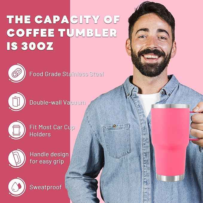 30 oz Tumbler With Handle, Double Wall Stainless Steel Vacuum Insulated Travel Mug with Splash-Proof Lid Metal Straw and Brush (Bright Pink)