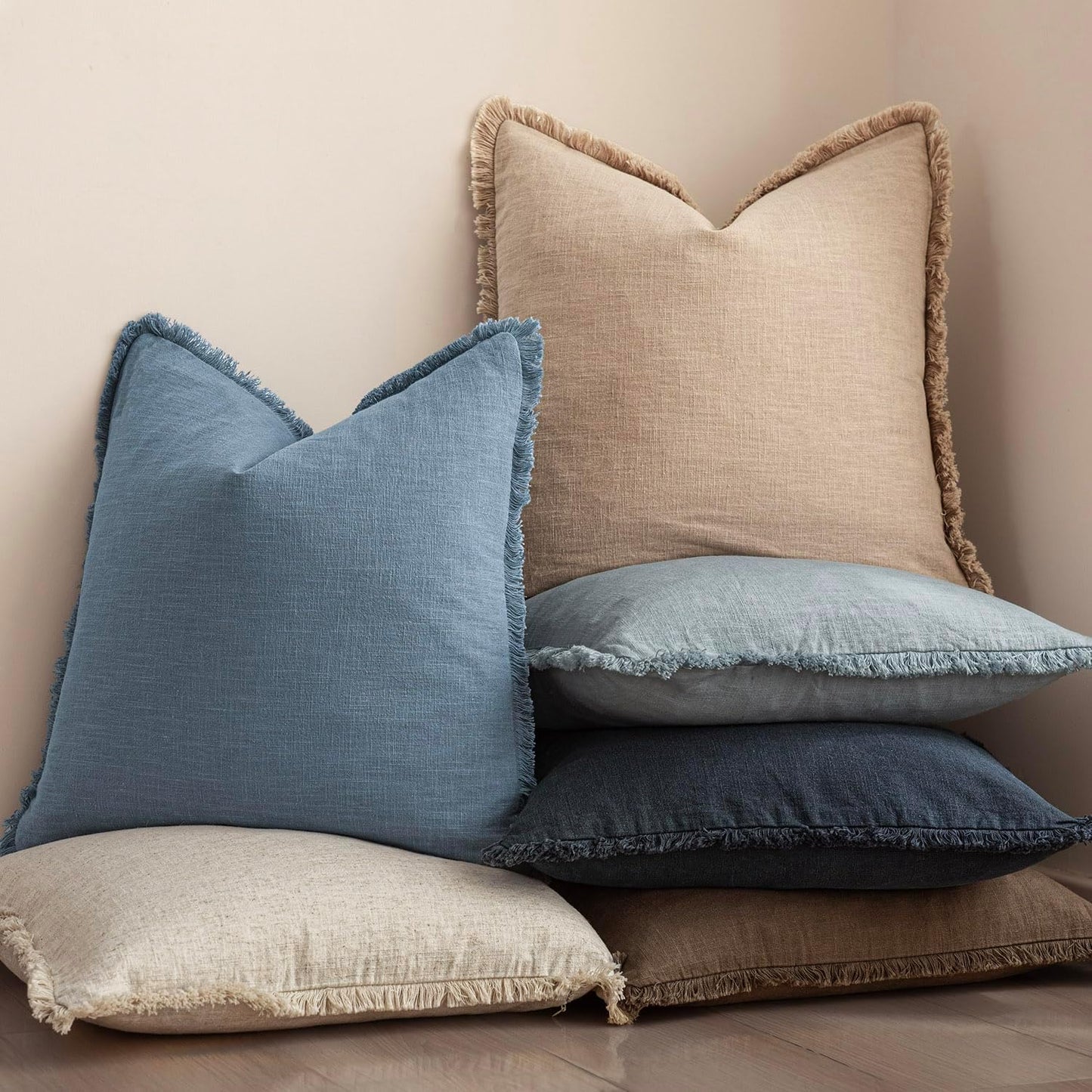 Foindtower Set of 2 Decorative Linen Fringe Throw Pillow Covers Cozy Boho Farmhouse Cushion Cover with Tassels Soft Accent Pillowcase for Couch Sofa Bed Living Room Home Decor, 20×20 Inch, Misty Blue