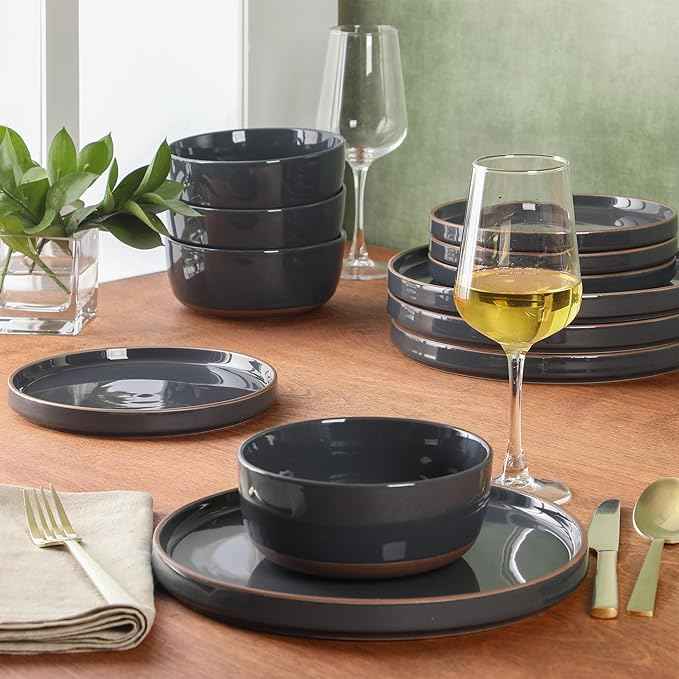 Gibson Elite Northrock Stoneware Dinnerware Set, 12-Piece Service for 4 Plates and Bowls Set – Charcoal Blue Dishes with Hand-Painted Terracotta Base