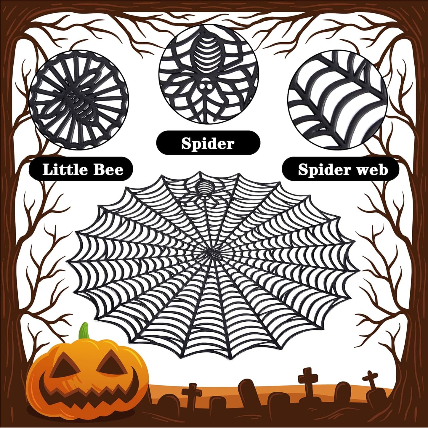 Sfcddtlg 6 Pcs Halloween Spider Web Placemats, 15" Heat Insulation Halloween Placemats Spider Web Table Mats, Hollow Out Spiderweb Coasters Placemat for Dining Table Party Decoration