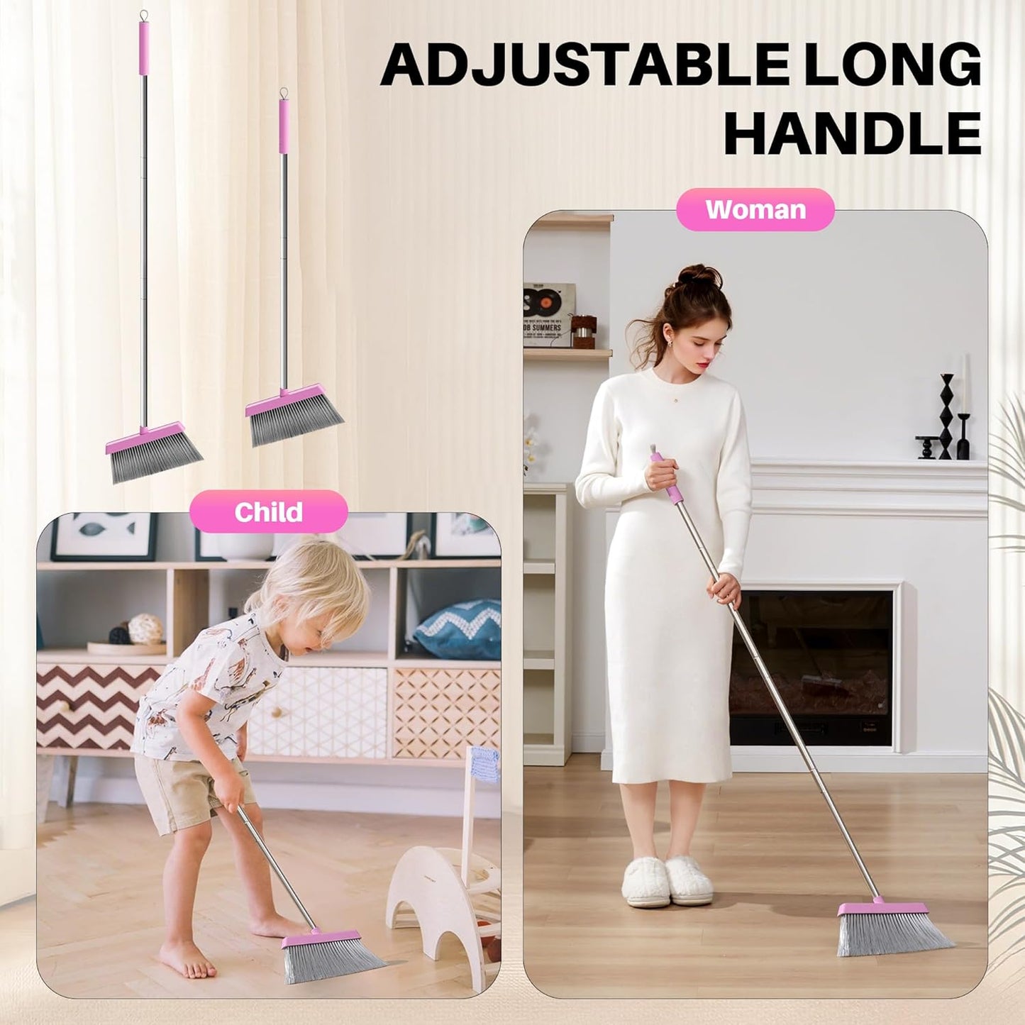 JOYMOOP Pink Broom and Dustpan Set with 56” Handle, Upright Angle with Built-in Comb Teeth for Hardwood Floors and Pet Hair