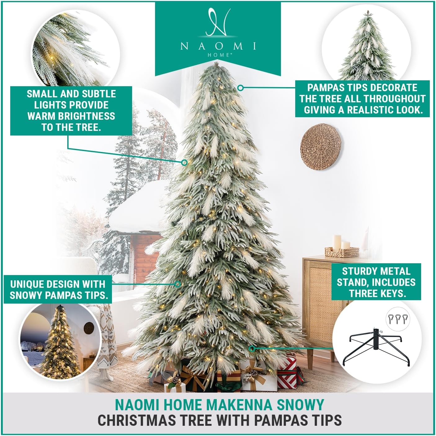 Makenna 6.5ft Snow Flocked Feathery Frosted Prelit Artificial Christmas Tree with 4958 Pampas Tips, 350 Warm Lights and Metal Stand, 40" Wide Realistic Snow Flocked Pine Christmas Tree with Lights