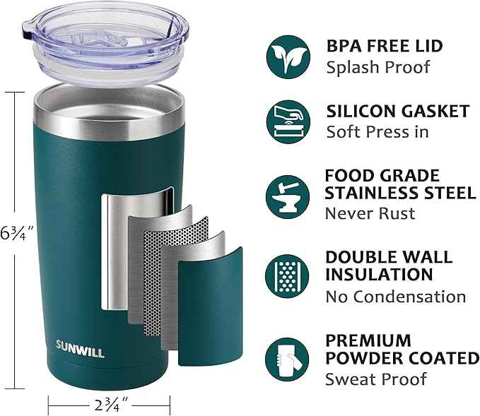 SUNWILL Travel Coffee Mug with Lid, 20 oz Tumbler Set of 2, Insulated Stainless Steel Cup for Drinks， Water, Tea, Powder Coated Forest Green & Plum