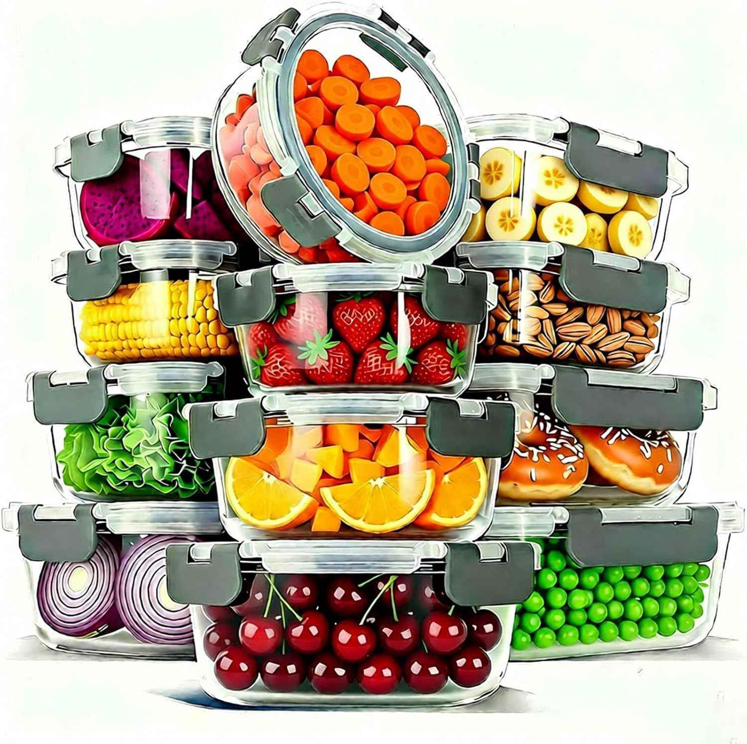 12 Pack Glass Food Storage Container Set with Lids Non Toxic, Stackable Borosilicate Glass Meal Prep Containers, Microwave, Oven, Freezer and Dishwasher Safe (Gray)