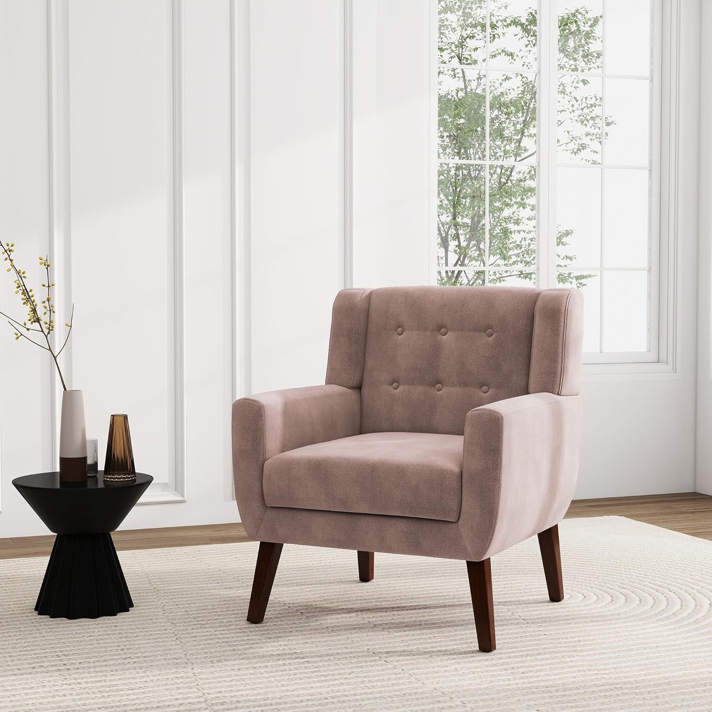 UIXE Accent Chair, Velvet Upholstered Armchair for Living Room, Modern Club Arm Chairs Comfy Single Sofa Button Tufted Bedroom Reading Seat - Skin Pink, Set of 1
