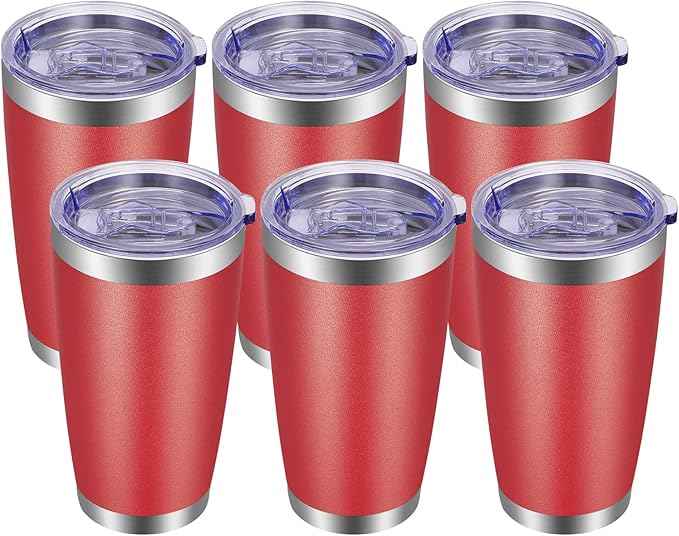 VEGOND 20oz Tumbler with Lid and Straw Stainless Steel Tumbler Cup Bulk Vacuum Insulated Double Wall Travel Coffee Mug Powder Coated Coffee Cup, Red, 6 Pack