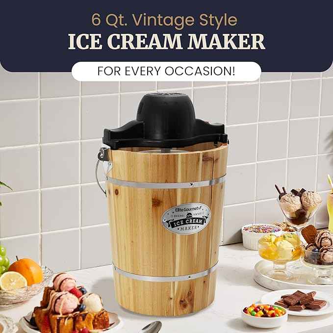 Elite Gourmet Old Fashioned 6 Quart Vintage Appalachian Wood Bucket Electric Ice Cream Maker Machine, *Bonus Classic Die-Cast Hand Crank for Churning, Uses Ice and Rock Salt Churns Ice Cream in Minute